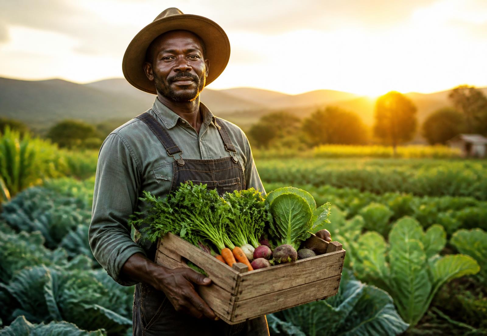 Black farmer holding a crate of fresh produce in a field at sunset